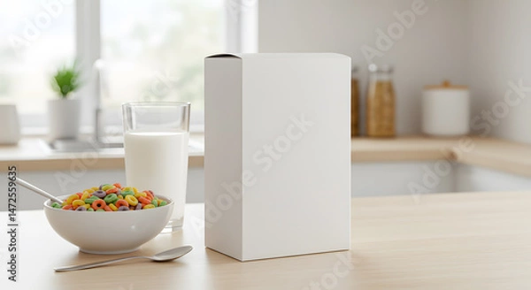 Obraz Cereal Box Mockup on Kitchen Counter with Bowl and Milk