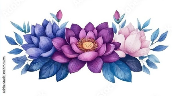 Fototapeta A beautiful illustration of lotus flowers in purple and pink colors, symbolizing purity and tranquility in nature.