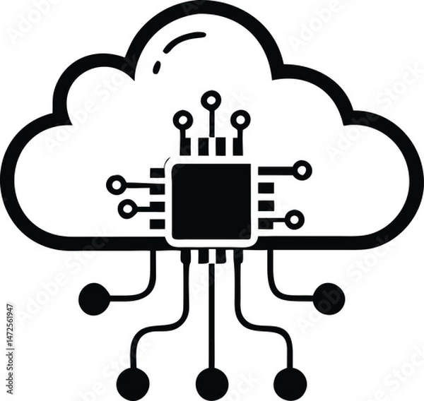 Fototapeta Black ai microchip silhouette with cloud icon connected vector illustration