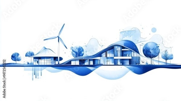 Fototapeta Modern architectural design featuring blue tones with eco-friendly elements and innovative structures.