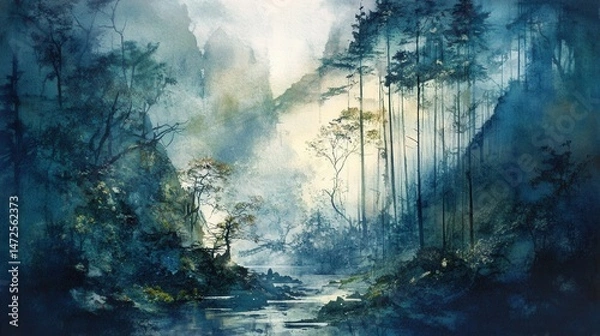 Fototapeta Tranquil Misty Forest Scene with Serene Stream and Lush Trees