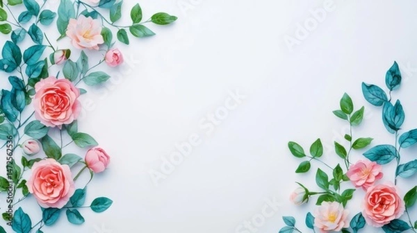 Fototapeta Beautiful arrangement of pink roses and lush green leaves on a light background, perfect for spring-themed designs.
