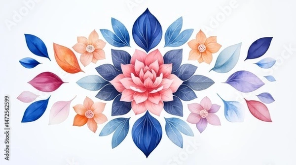 Fototapeta A vibrant watercolor floral design featuring a lotus and various leaves in shades of blue, pink, and orange.
