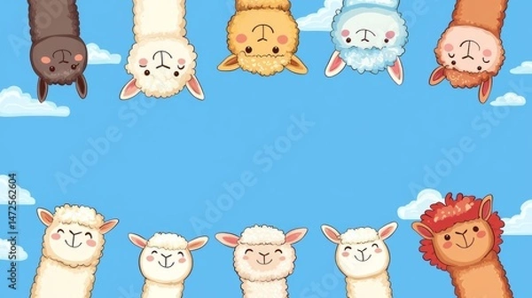 Fototapeta A colorful illustration featuring cheerful alpacas against a bright blue sky, perfect for animal lovers and children.