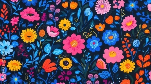 Fototapeta Vibrant Floral Pattern with Colorful Flowers and Dark Background