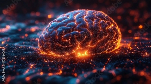 Fototapeta Fiery brain, digital art, glowing neural network