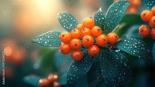 Fototapeta Vibrant orange berries with dew drops on lush green leaves
