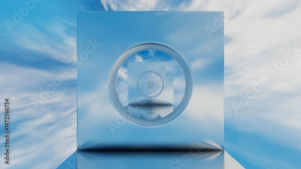 Fototapeta abstract background glossy rows of rectangles with a round hole going into the distance against the blue sky. 3d render illustration