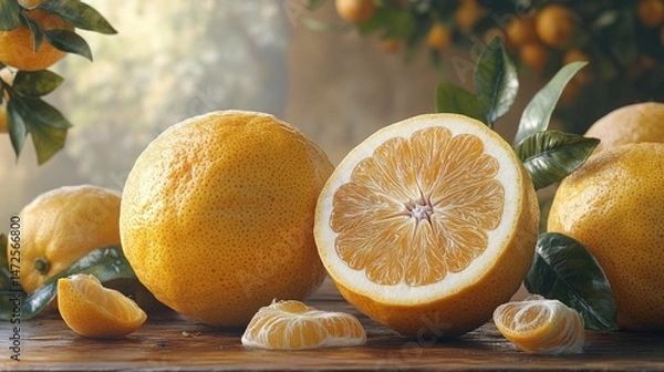 Fototapeta Fresh citrus fruits, whole and sliced, on a wooden table, with blurred background of citrus trees