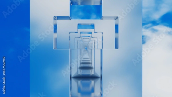 Fototapeta abstract background glossy rows of rectangles with a cross-shaped hole going into the distance against the blue sky. 3d render illustration
