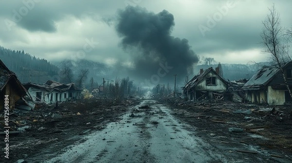Fototapeta Devastated town landscape after a catastrophe.  A road winds through a destroyed residential area. Smoke billows into a gloomy sky