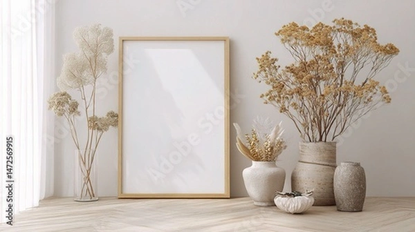 Fototapeta Neutral Interior Setup Featuring Dried Florals in Elegant Frames