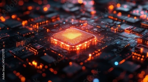 Fototapeta High-tech computer chip on circuit board