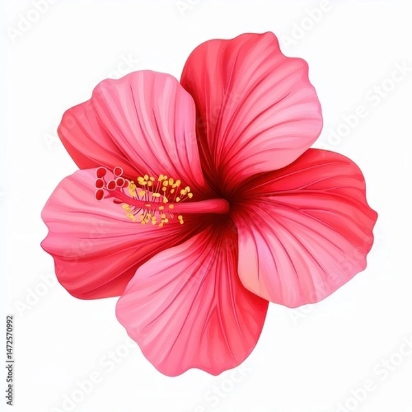 Fototapeta A single pink hibiscus flower with detailed petals and vibrant colors on a white background.