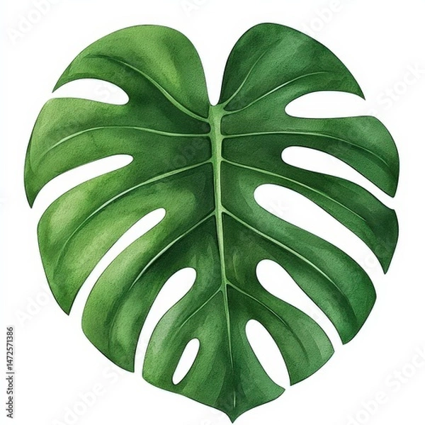 Fototapeta A single Monstera leaf with deep, natural splits, illustrated on a white background.