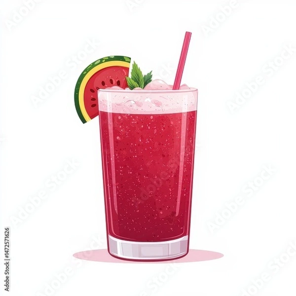 Fototapeta A refreshing watermelon juice with ice, garnished with a mint leaf and a watermelon slice in a clear glass with a straw.
