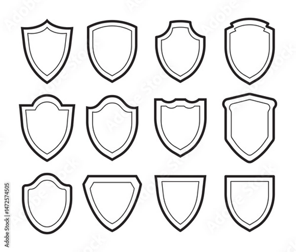 Obraz Flat vector icons set of shield shapes. Protect shield security line icons. Badge quality symbol, sign, logo or emblem. Lock shield cyber security technology. Heraldic shield set. Protect shapes