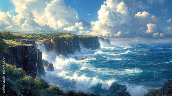 Obraz Dramatic coastal cliffs meet wild waves under a vibrant sky