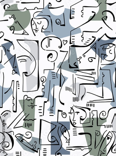 Obraz Abstract drawing of women's faces with black lines on a colored background.Seamless pattern.