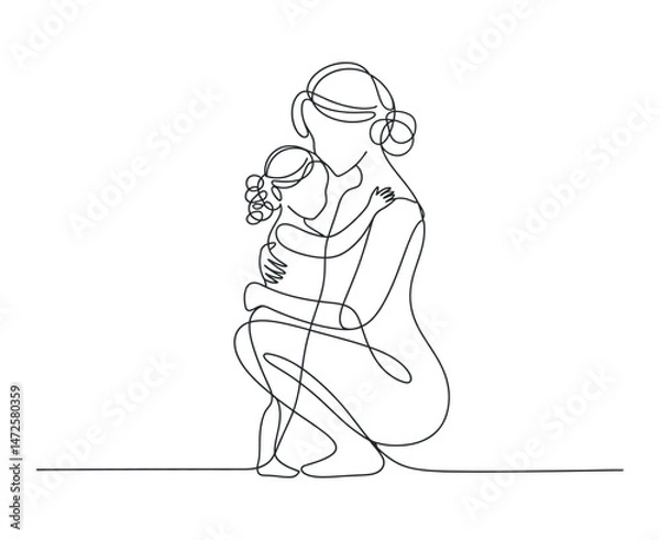 Fototapeta Continuous Line Drawing of a Mother Tenderly Embracing Her Child a Symbol of Maternal Love and Protection
