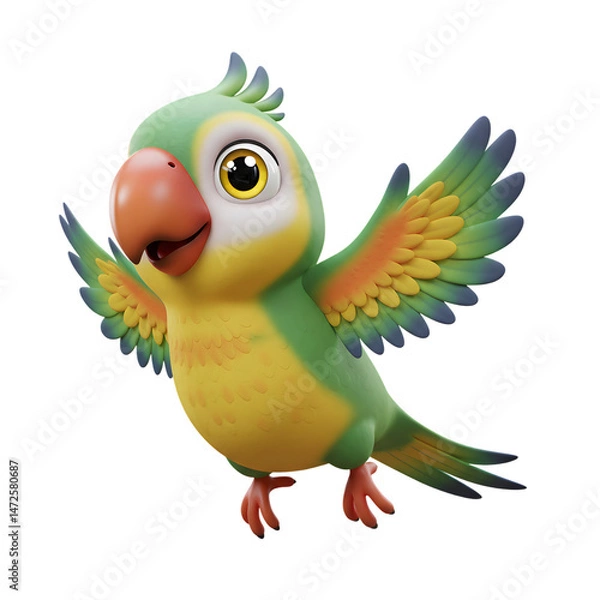 Fototapeta Cheerful Green Cartoon Parrot with Animated Expression and Outstretched Wings Isolated on PNG background.
