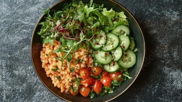 Obraz Vibrant Grain Bowl with Cucumbers and Tomatoes
