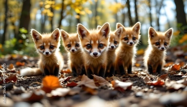 Obraz outdoor photography of adorable group of baby foxes looking down into the camera