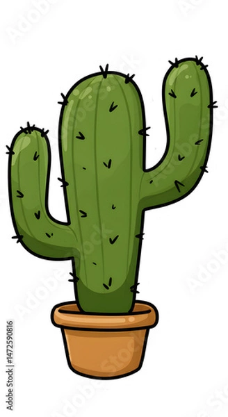 Fototapeta Whimsical Green Cactus Illustration in Clay Pot with Bold Outline Isolated on PNG Background.