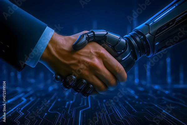 Fototapeta Human and robot shaking hands as a symbol of technological collaboration and the future
