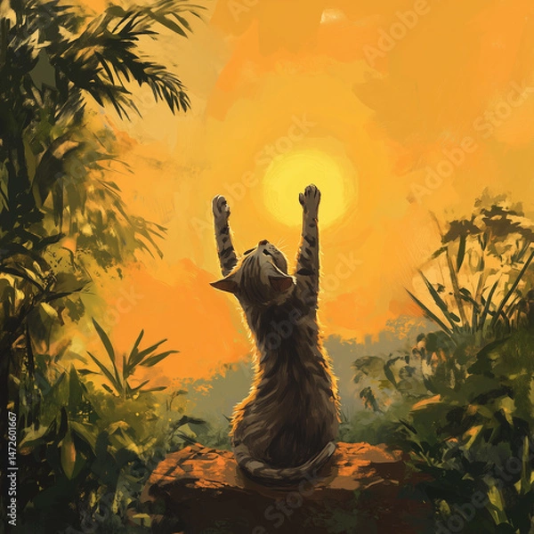 Obraz Cat stretching with paws raised towards the sunset in the jungle  