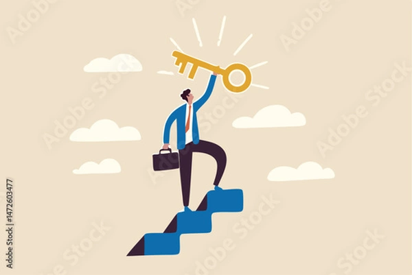 Fototapeta Key to business success, stairway to find secret key or achieve career target concept, businessman winner walk up to top of stairway lifting golden success key to the sky.