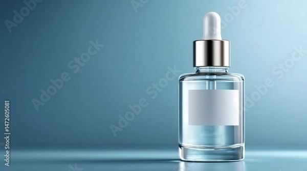 Fototapeta A clear bottle of perfume sits on a blue surface