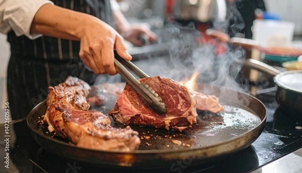 Fototapeta a cook is frying a piece of meat