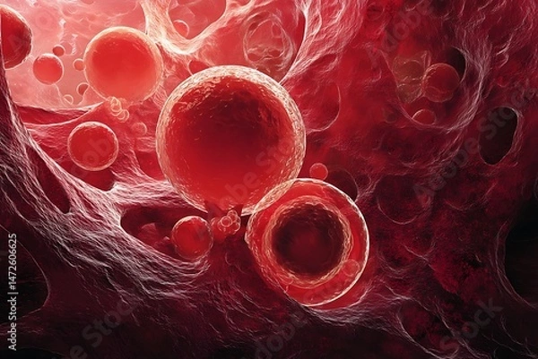 Fototapeta Microscopic view of red blood cells flowing through a network of blood vessels, a detailed medical illustration