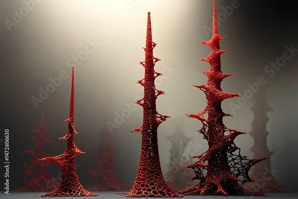 Fototapeta A series of red abstract sculptures with an organic, intricate design.