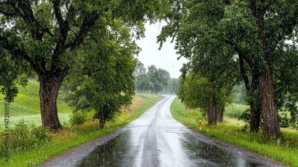 Fototapeta Country road lined with trees, wet asphalt, gentle rain. Lush greenery surrounds the pathway
