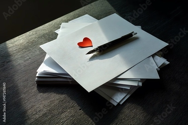 Fototapeta A heartfelt message awaits, a stack of white papers with a red heart and pen rests on a dark desk