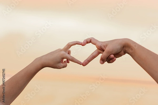Fototapeta Two hands holding a heart shape, symbolizing love and affection. Concept of warmth and connection between the two people