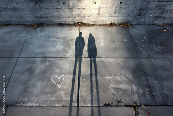 Fototapeta A poignant image of two elongated shadows forming a heart on the pavement, symbolizing love and togetherness.