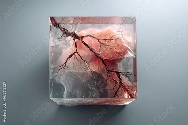 Fototapeta A heart frozen in time, veins and arteries delicately preserved in a transparent cube, capturing the intricate network of life, a powerful and unsettling image.