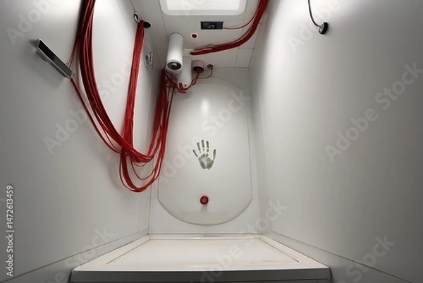 Fototapeta Mysterious white room with red cables and a handprint on the floor: a futuristic research facility