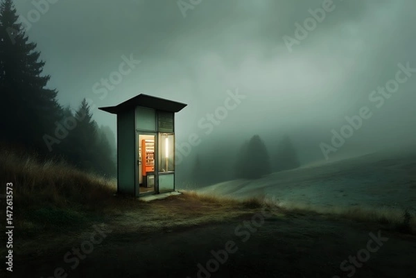 Fototapeta A lonely phone booth glows in the misty forest at night.