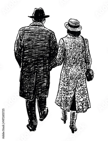 Obraz Sketch of couple citizens, intelligente spouses, respectable city dwellers, pair people in hats, coats, back view, realistic hand drawing, vector illustration isolated on white