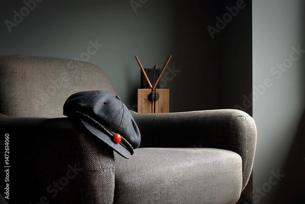 Fototapeta A single grey armchair sits in a dimly lit room, casting a long shadow, with a black cap resting on its armrest, adding a touch of casual style and quiet ambiance to the space.