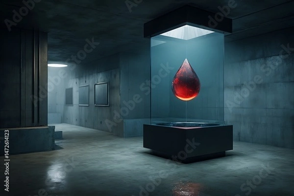 Fototapeta A solitary blood-red drop in a glass case, mysterious artwork in a dark gallery