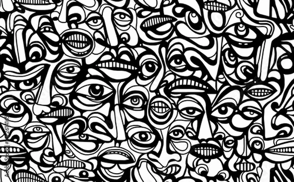 Fototapeta Black and white pattern on a white background with highlighted cartoon faces, abstract design.Seamless drawing.
