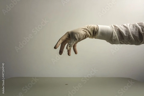 Fototapeta A gloved hand reaches down towards a small object on a table in a sterile environment.