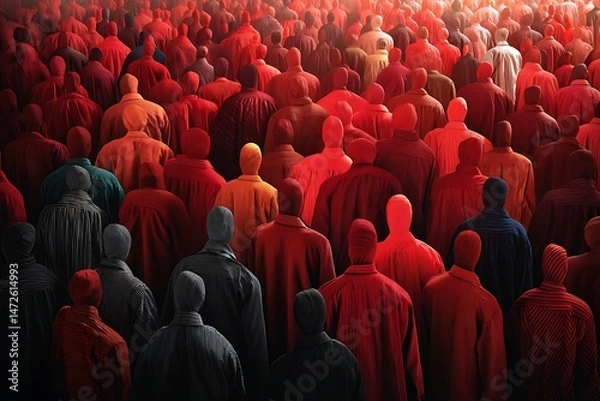 Fototapeta A sea of anonymous red-clad figures, a powerful visual representation of collective identity and societal conformity.