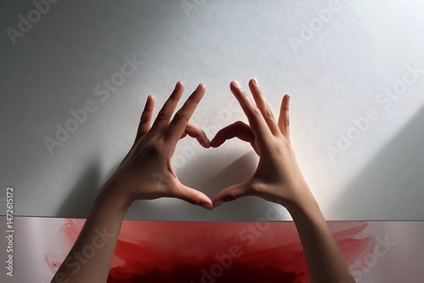 Fototapeta A pair of hands forming a heart shape against a white background with a soft red and pink hue, creating a simple and intimate gesture of love.