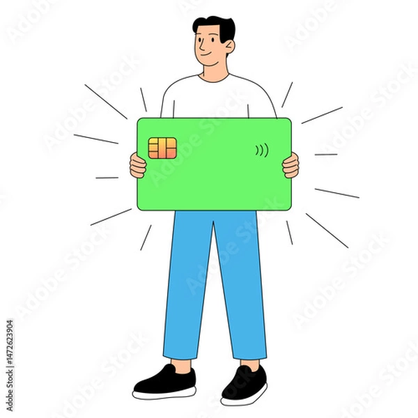 Fototapeta A Man Holding a Digital Payment Card Featuring Contactless Technology for Easy Transactions